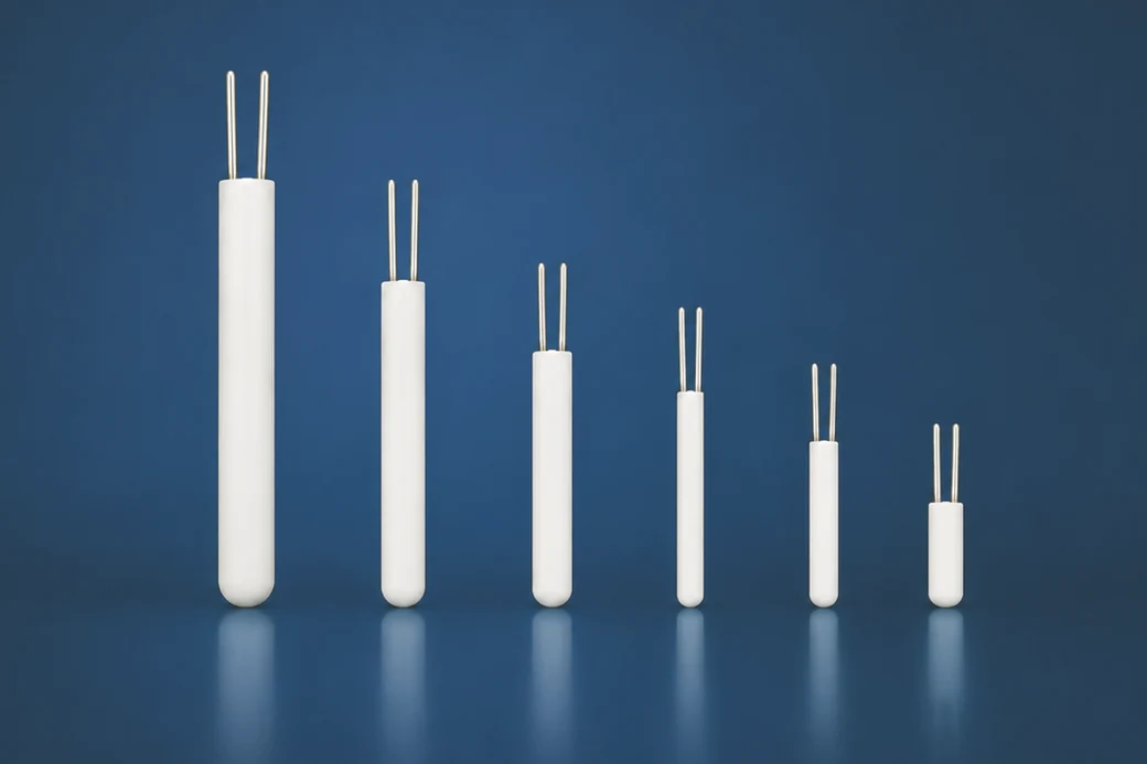 Six TDI wire-wound Pt100 sensing elements arranged by size, largest to smallest